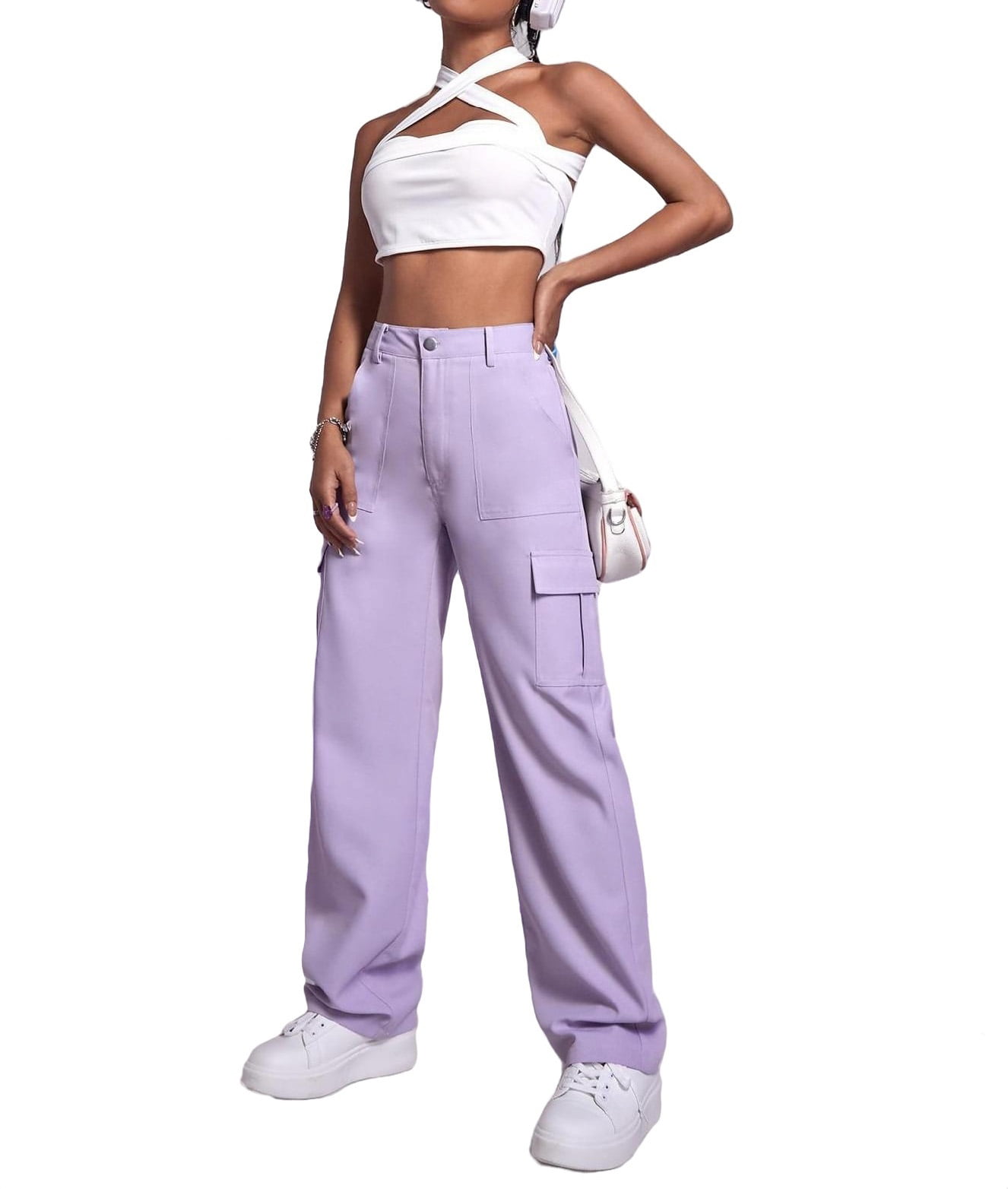 Women's Pants Solid High Waist Cargo Pants Lilac Purple S