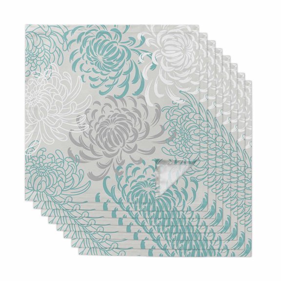 Aqua White Cloth Napkins, Abstract Grey Chrysanthemum Flower Floral Washable and Reusable Dinner Napkins Set of 8, Table Napkin for Kitchen Party Birthday Wedding Hotel Housewarming 20"x20"