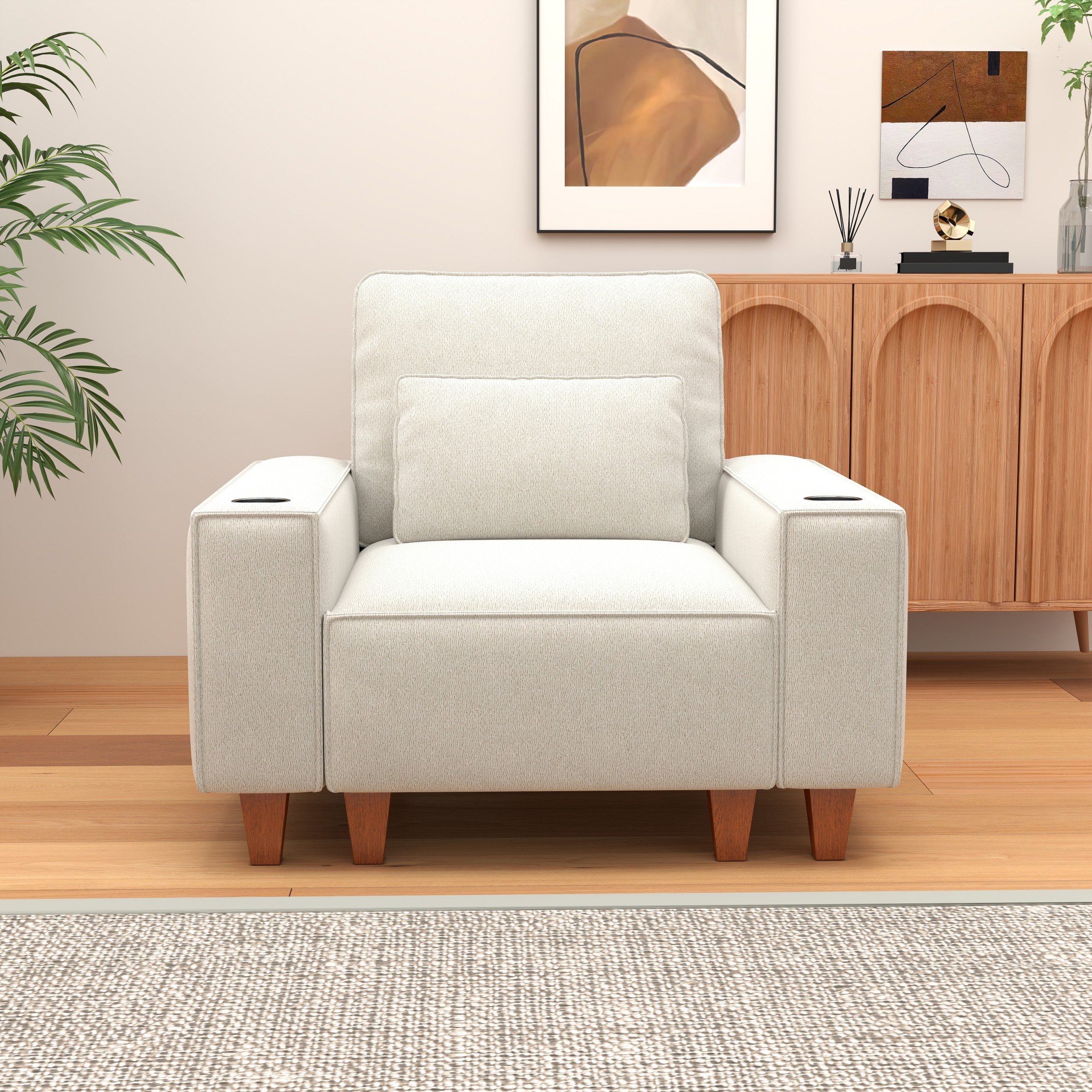 BSHTI Chenille Deep Seat Single Sofa Chair with Brushed Stainless Steel Cup Holder and Decorative Pillow – Modern Cozy Accent Chair for Living Room