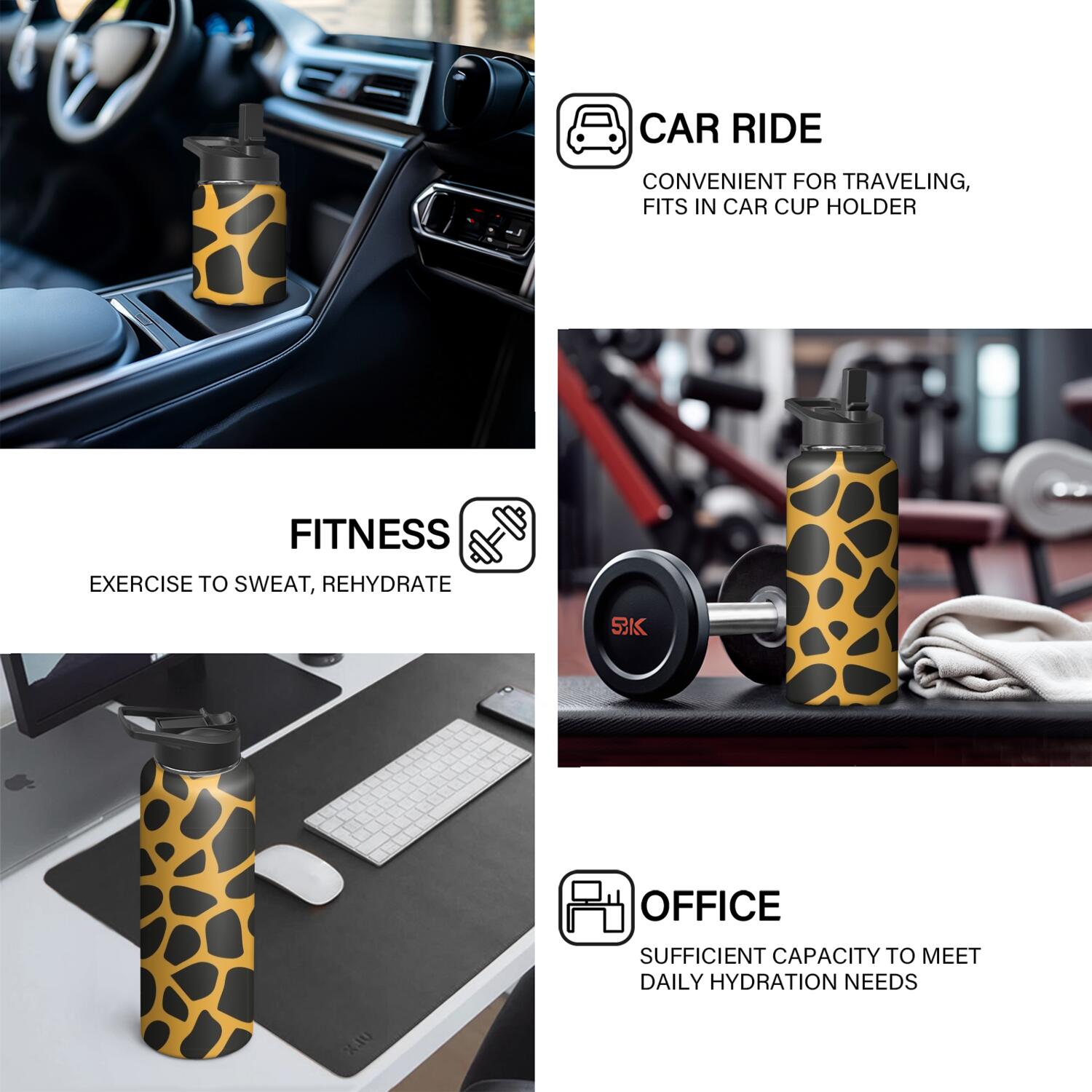 Leopard Print Insulated Stainless Steel Water Bottle with Straw & Cleaning Brush – 18 Oz | Leakproof, BPA-Free, 304 Stainless Steel, Wide Mouth, Travel Mug for Car, Gym, Office