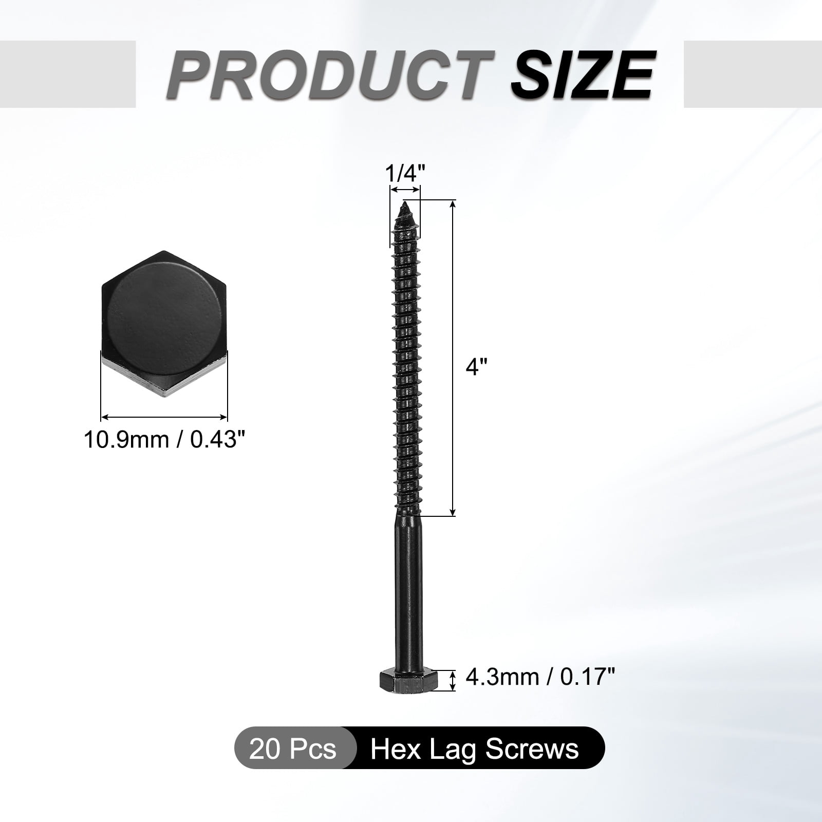 1/4" x 4" Hex Head Lag Screws Bolts, 20 Pack 304 Stainless Steel Hexagon Head Lag Bolt Wood Screws, Partial Thread, Black Zinc Plating