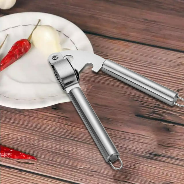 Prensa de ajo esencial de cocina, de plata, resistente a la oxidación, con orificio para colgar, de acero inoxidable, para el hogar, utensilios y