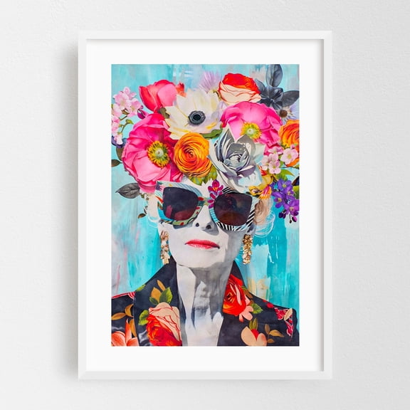 Ageless Glamour Stylish Female Portrait - Painting Floral Watercolor Modern Art Pop Art Fashion Surrealism Portrait White Framed Wall Art Print 5 x 7 inches