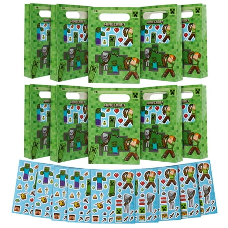 Minecraft Party Favor PresNok Bags for Kids with Sticker Sheet, 10 Pcs Kids Paper Gift Bags - Party Supplies for Birthday Party