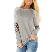 Coloody Women's Leopard Color Block Stripe Long Sleeve Tunic Tops Comfy Round Neck Casual Loose T Shirt Blouse