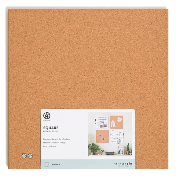 14"x14" Square Frameless Cork Board Tile: Wall Mount Bulletin Pinboard with Push Pins, Brown