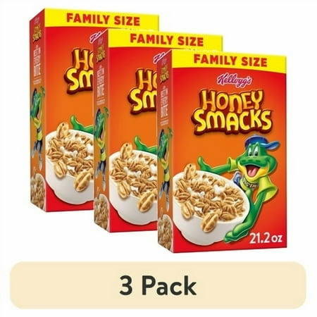 (3 pack) Kellogg's Honey Smacks Original Breakfast Cereal Family Size Box, 21.2 oz