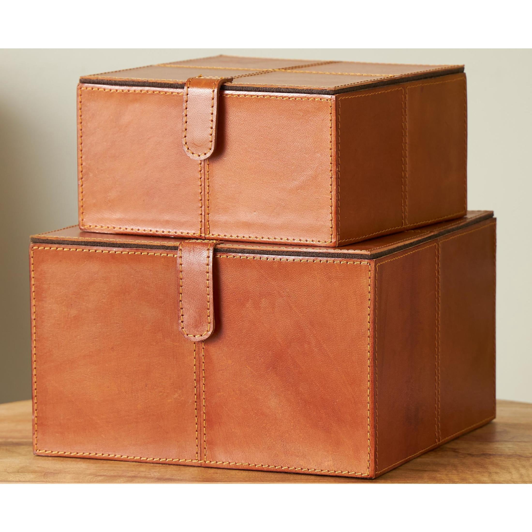 DecMode Handmade Storage Brown Leather Decorative Box with Snap Front Closure and Detailed Stitching, 2 Count