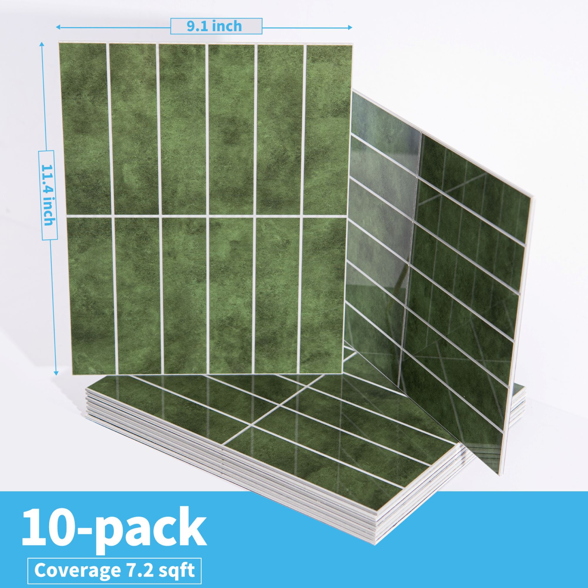 11.4''x9.1'' Green Peel and Stick Backsplash,SPC Wall Tile for Kitchen,Wall,Heat Resistant,Marble Design,7.2sq.ft.(Set of 10)