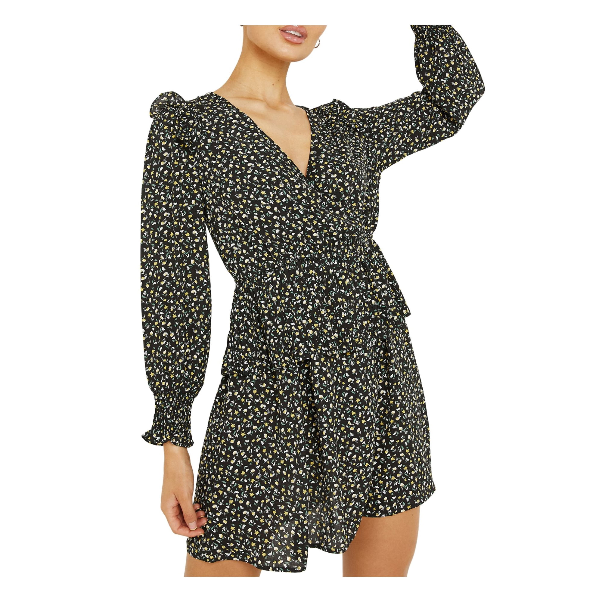 QUIZ Womens Black Ruffled Floral Long Sleeve Surplice Neckline Short Dress 14