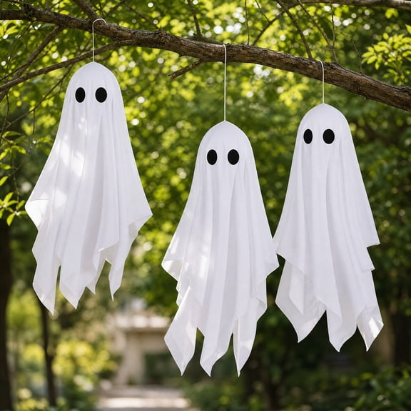 3 PCS Halloween Hanging Ghost Decorations 80cm Cute White Cloth Ghost Ornaments for Indoor Outdoor Tree Porch Garden Doorway Party Decor