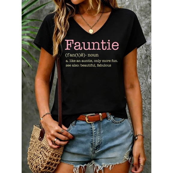 Fauntie Only for Fun Aunts and funcles V Neck T-Shirt Small Cotton Women's V Neck Graphic Tee, Casual Short Sleeve Shirt,Vacation Outfit