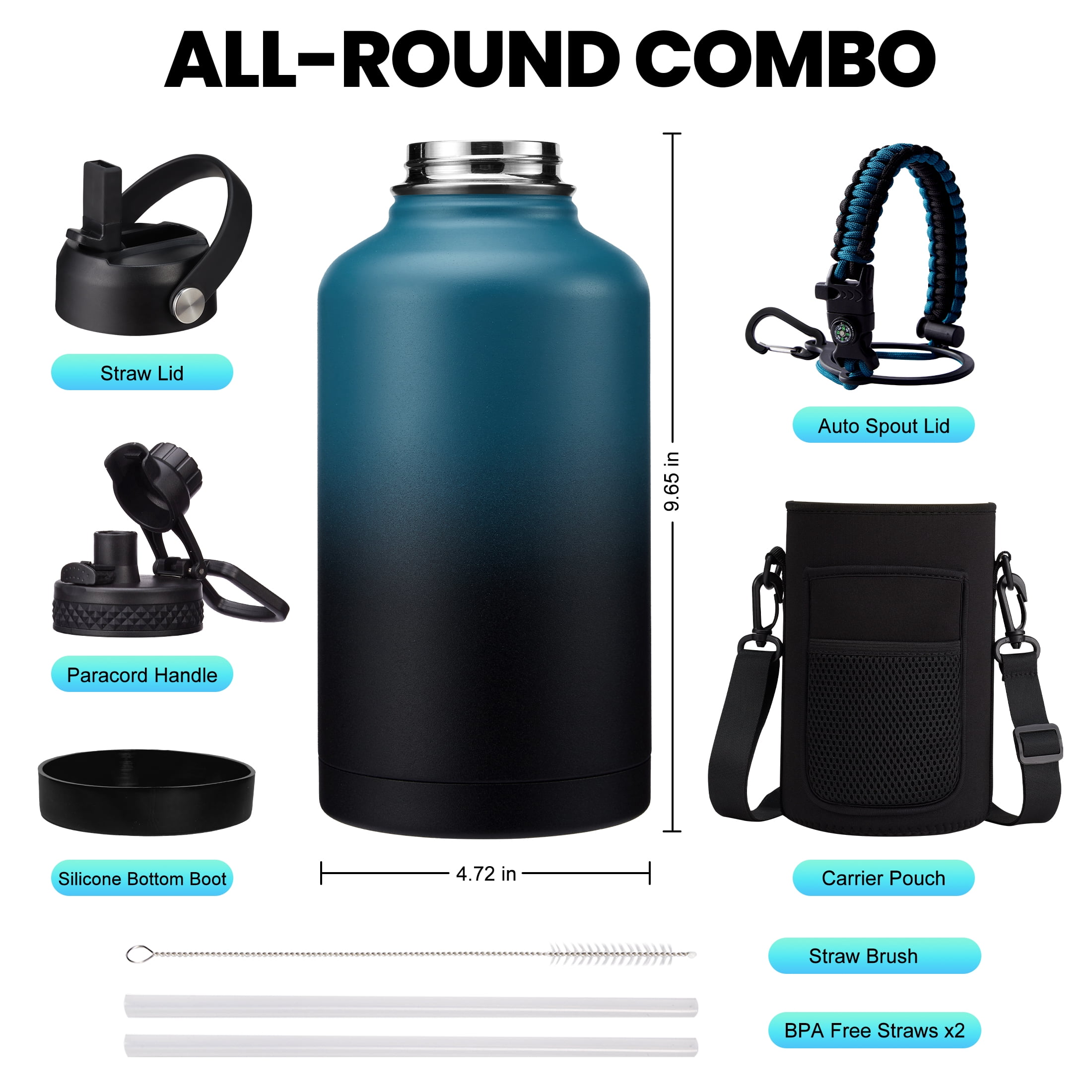 Insulated Water Bottle with Straw - 64oz Stainless Steel Water Bottles with Paracord Handle, Carrier Bag, Reusable 1/2 Gallon Big Water Jug, Cold 48H Hot 24H, Metal Flask for Hiking Camping