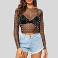 thumbnail image 2 of Women's Sexy Pearl Rhinestone Sheer Mesh Crop Top Long Sleeve Slim Fit See Through Cropped Blouse Clubwear T-Shirt, 2 of 2