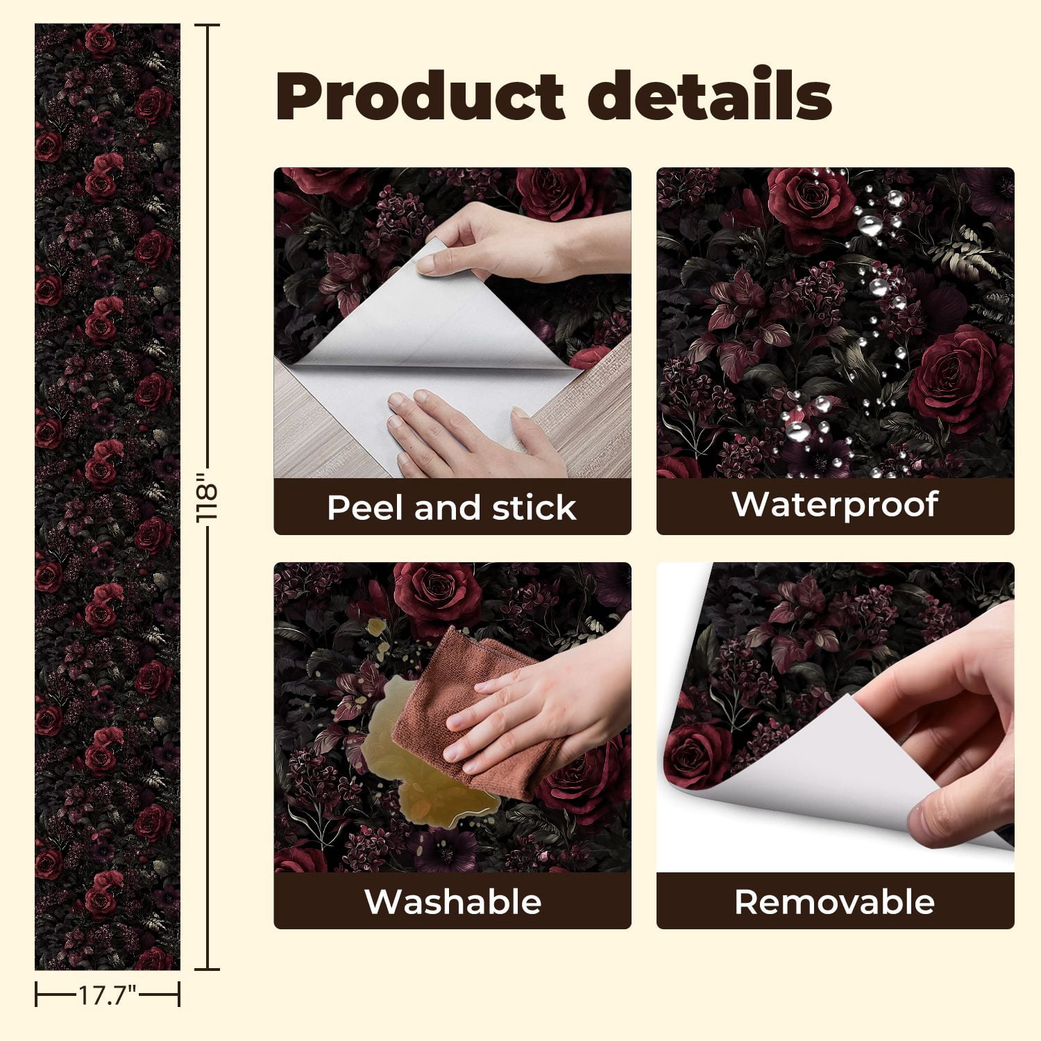 Peel and Stick Wallpaper Deep Burgundy Roses Dark Floral Black Wall Mural 17.7in x 9.8ft Self Adhesive Removable Wall Paper Renter Friendly Wallpaper for Nursery Bedroom Cabinets