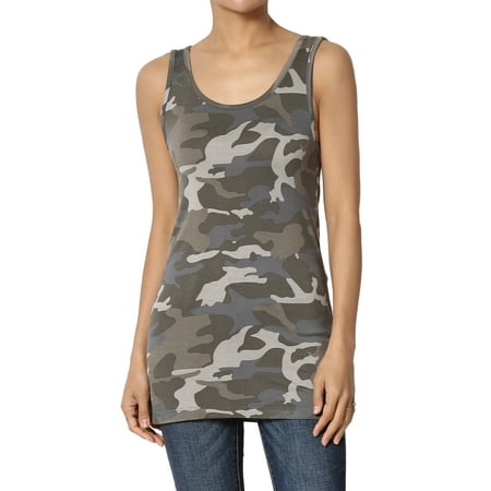 TheMogan Women's Army Camouflage Print Fitted Jersey Tank Top Sleeveless Camo Tee
