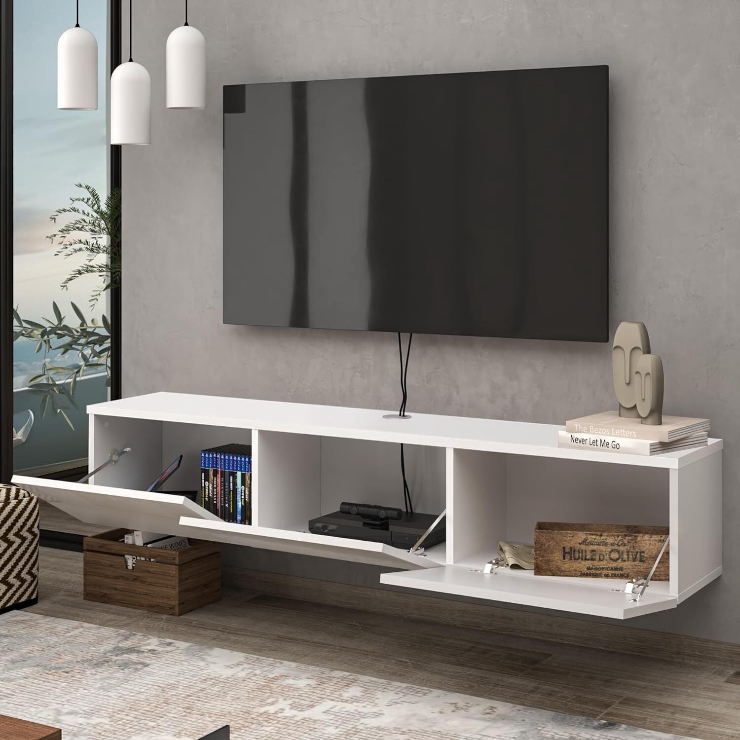 HomeStock Artisanal Abode Floating TV Stand, TV Stand up to 75 inch TV, Floating TV Stand Wall Mounted, Floating Entertainment Center, Floating Shelf for Under TV, Floating TV Console-Color:White