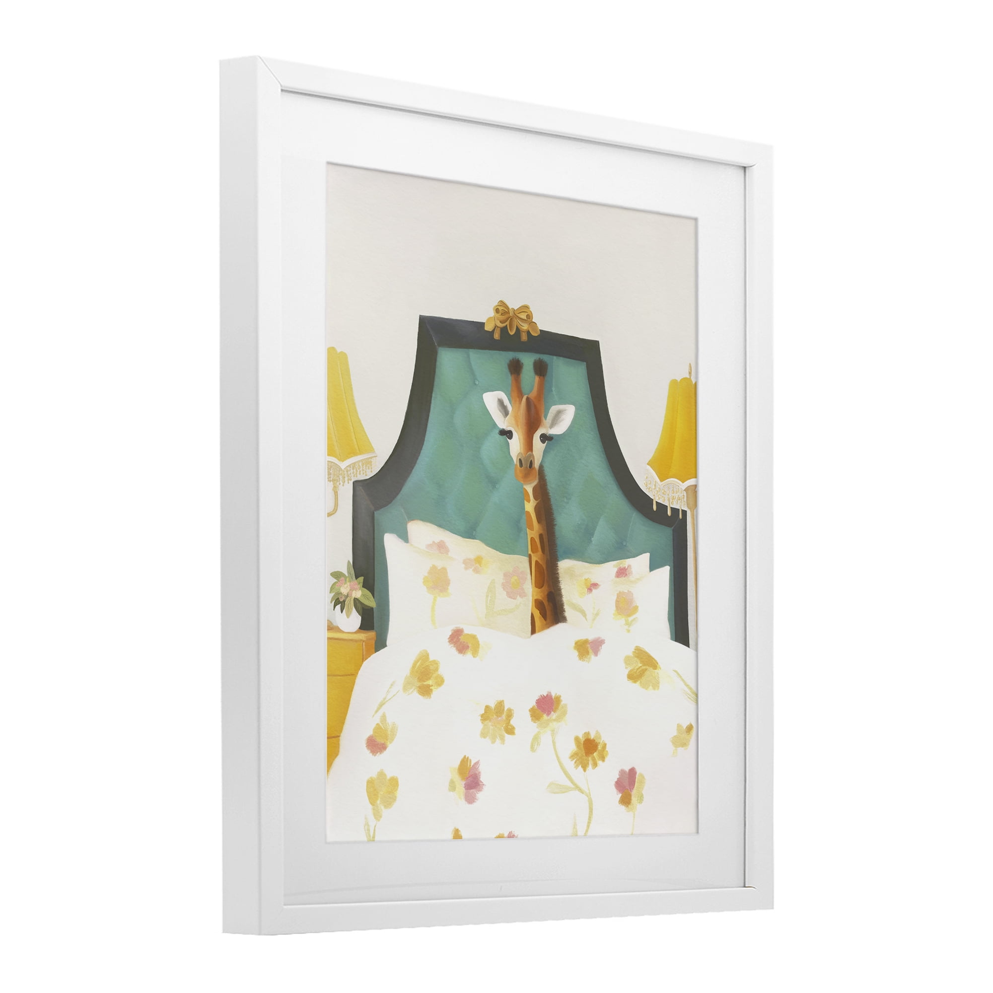 Good Morning Giraffe in Bed White Framed Print Under Glass, design by Leah Straatsma