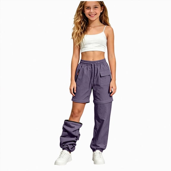 Linfrsh Cargo Pants for Girls Kid Convertible Water-Resistant Zip-Off Outdoor Pants with Drawstring and Pockets (Purple,11-12 Years)