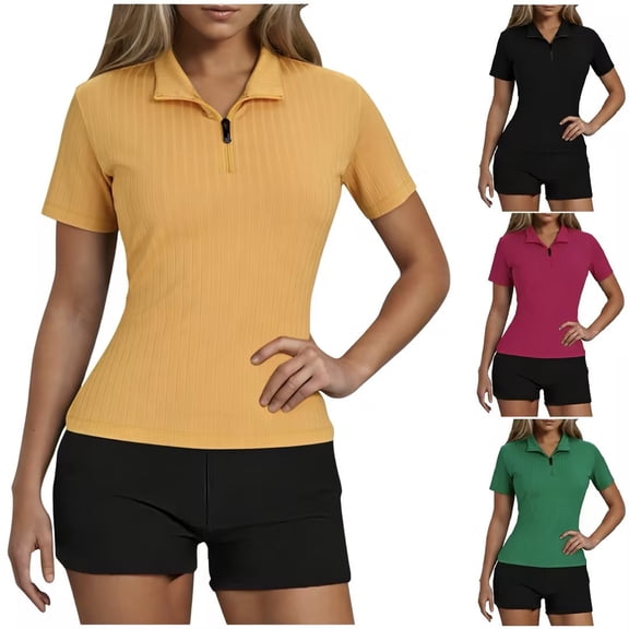 Women Work Out Tops Sawvnm Women's Fashion Multi-Color Ribbed Casual Short-Sleeve Collared T Shirt Top Tank Tops for Women Yellow XL