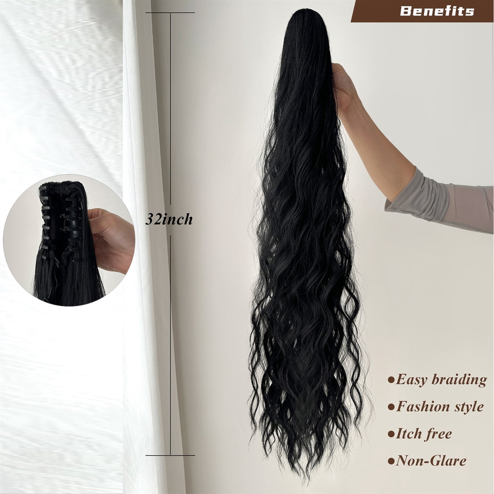Extensions Soft Natural Multi-Color 32" Claw Ponytail Extension Curly Hair Water Wave Clip in Hair