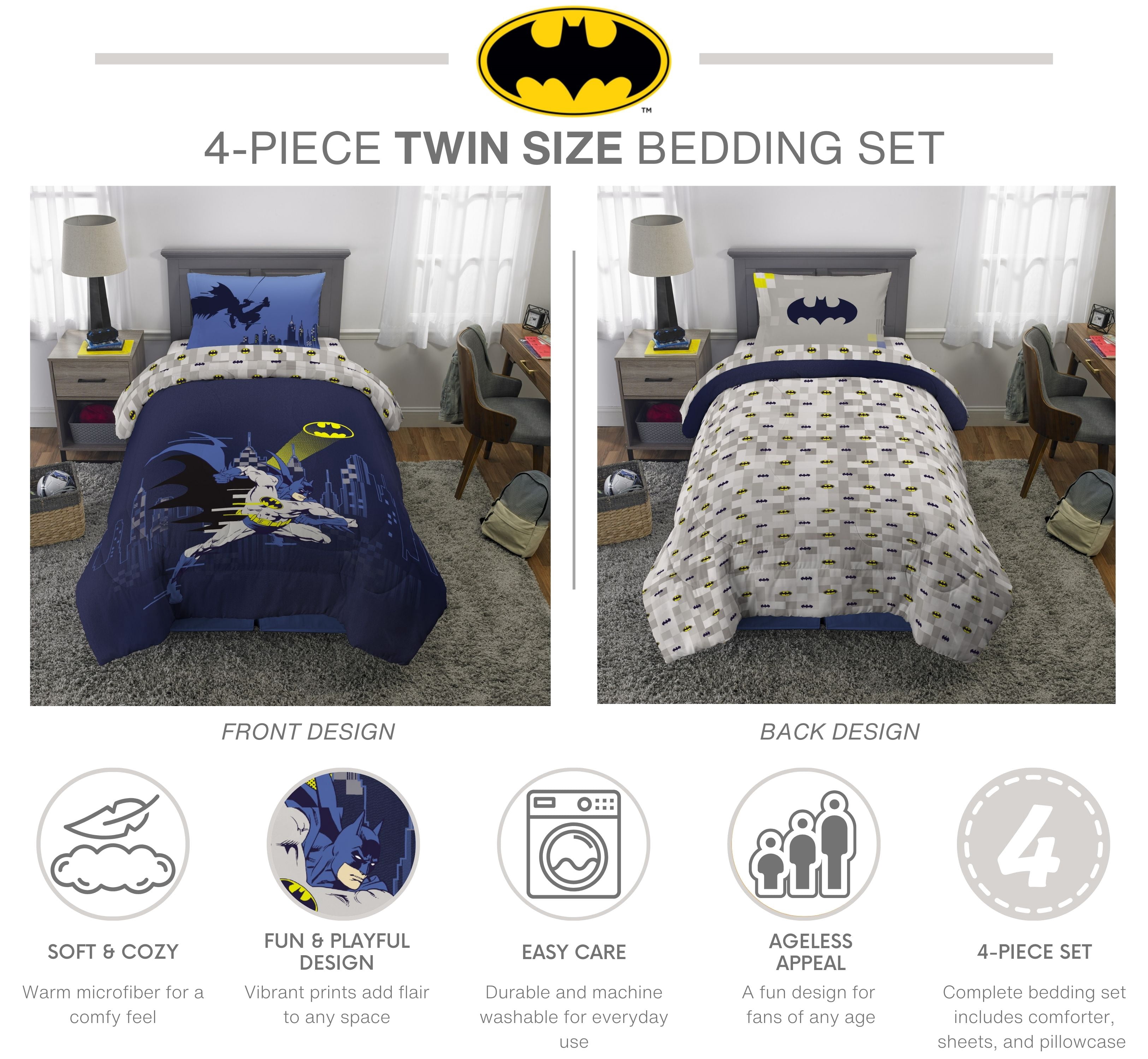 Batman Kids Blue Gray 4 Piece Reversible Comforter, Bed in a Bag, Twin