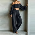 thumbnail image 4 of Women's 2 Piece Outfits Sweatsuits off the Shoulder Crop Top Wide Leg Sweatpants Casual Matching Sets Black XXL(XXL), 4 of 5