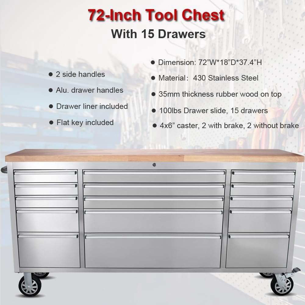 Anortrek 72 inch Rolling Tool Chest with 15 Drawers,Large Tool Box Lockable Storage Cabinet with Wheels