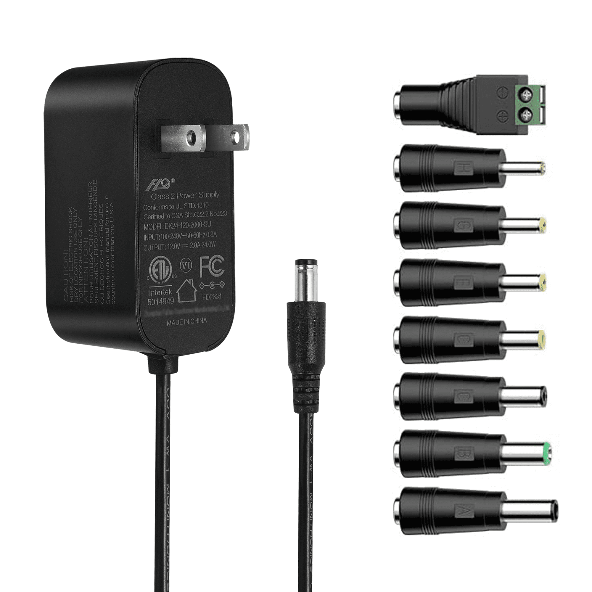 Tonton AC DC 12V/2A 24W 6Ft Long Black Power Supply Cord Adapter Charger with 8 Plug Tips