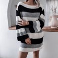 thumbnail image 3 of Vestido suéter con hombros descubiertos, rayas, bloques de color, holgado, manga larga, vestido de punto informal suelto para otoño invierno, negro, M, 3 of 8