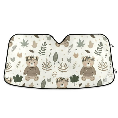 Cute Bear with Wreath Car Windshield Sun Shade Foldable Car Front Window Visor Heat and UV Protection 55x27.6