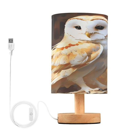 Owl Wood Painting Table Lamp USB Bedside Desk Nightstand Lamp Printed Gifts Small Lamp Wood Base for Bedroom Living Room Kids Room College Dorm