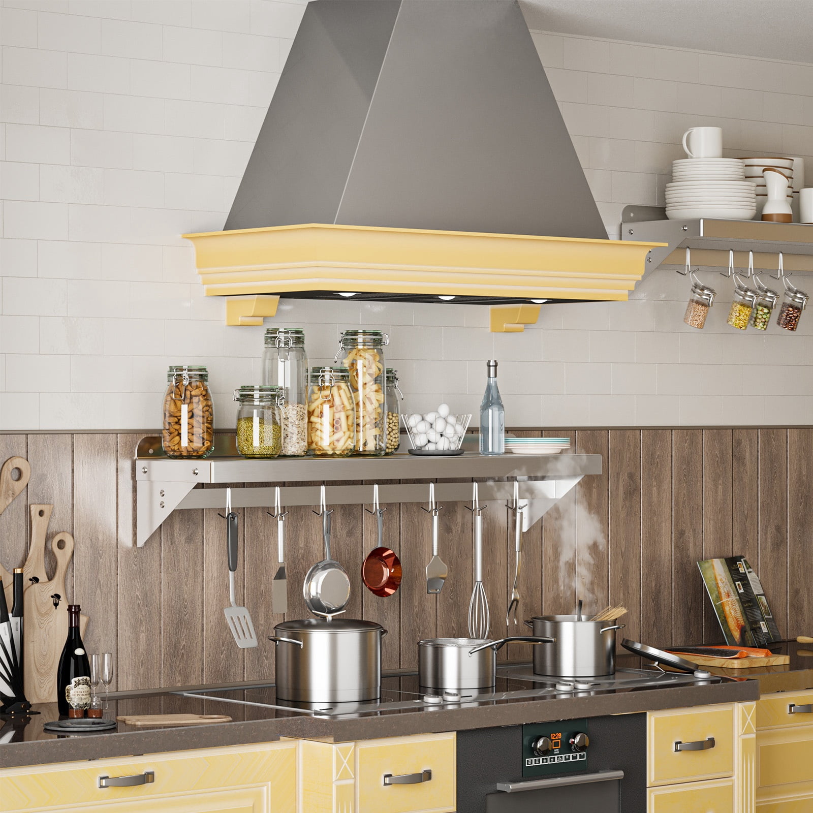 GARVEE 1-Tier Stainless Steel Wall Mount Shelf, 48" x 12" x 9.84", with 7 Hooks, 200 lb Capacity