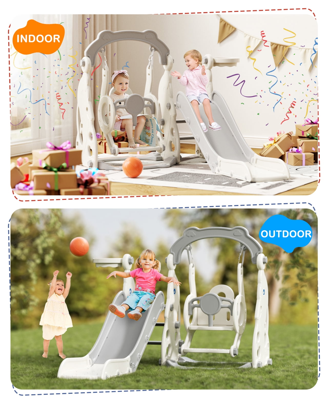 YUFU 4-in-1 Toddler Slide & Swing Set for Kids Age 1-3 with Basketball Playground Slide Indoor Outdoor Playset