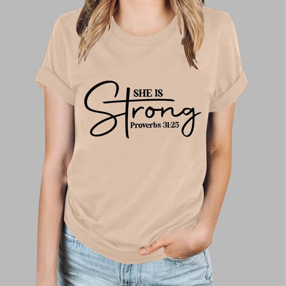 OKBOP Short Sleeve Ladies Tops Beige Quotes Crew Neck Crucifix T-Shirts Ladies Shirts