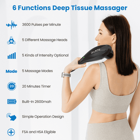 RENPHO Rechargeable Hand Held Deep Tissue Massager for Muscles, Back, Foot, Neck, Shoulder, Leg, Calf Cordless Electric Body Massage, FSA and HSA Eligible, Black