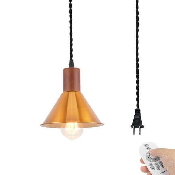 KAYYELAMP 19.6ft Plug in Cord Remote Dimmable Pendant Light Vintage Style Gold Metal Walnut Base Hanging Lamp for Dining Room Table Stairs Kitchen 1 Pcs