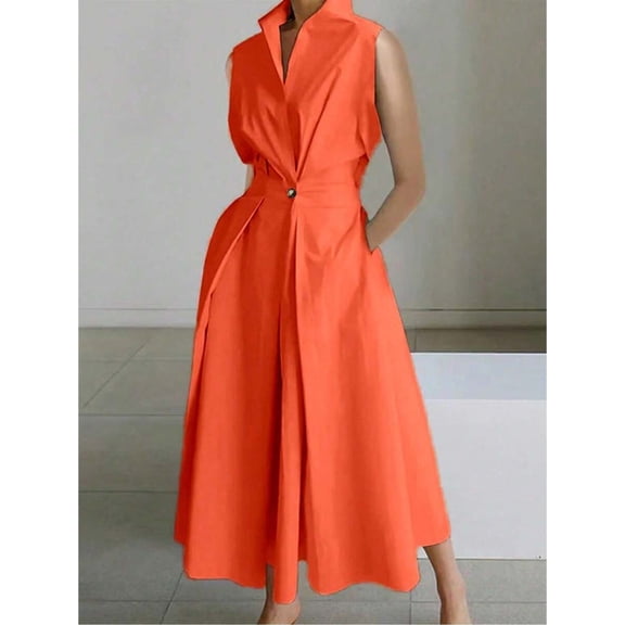Orange Solid Color Minimalist Stand Collar Sleeveless A-Line Midi Dress For Women