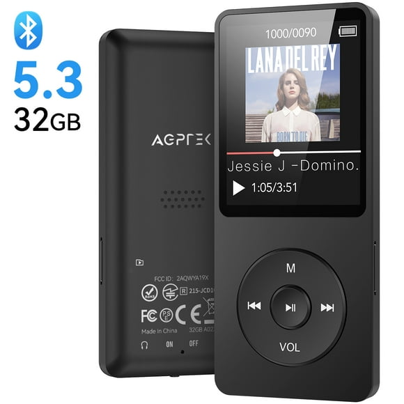 AGPTEK Bluetooth Lecteur MP3 avec 5,3 Pouces, 1,8 Pouces Lecteur de Musique Portable avec Haut-Parleur, Radio FM, Enregistreur de Voix A02X 32GB Noir