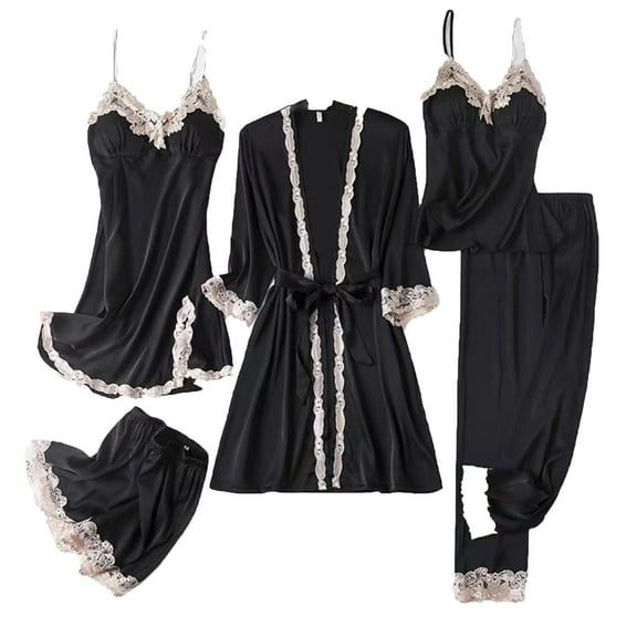 Busydd Pajama Sets for Women 5 Piece Solid Color Silk Loungewear Set Robes Dress Cami Shorts Pants Sleepwear Comfy Nightgowns for Women