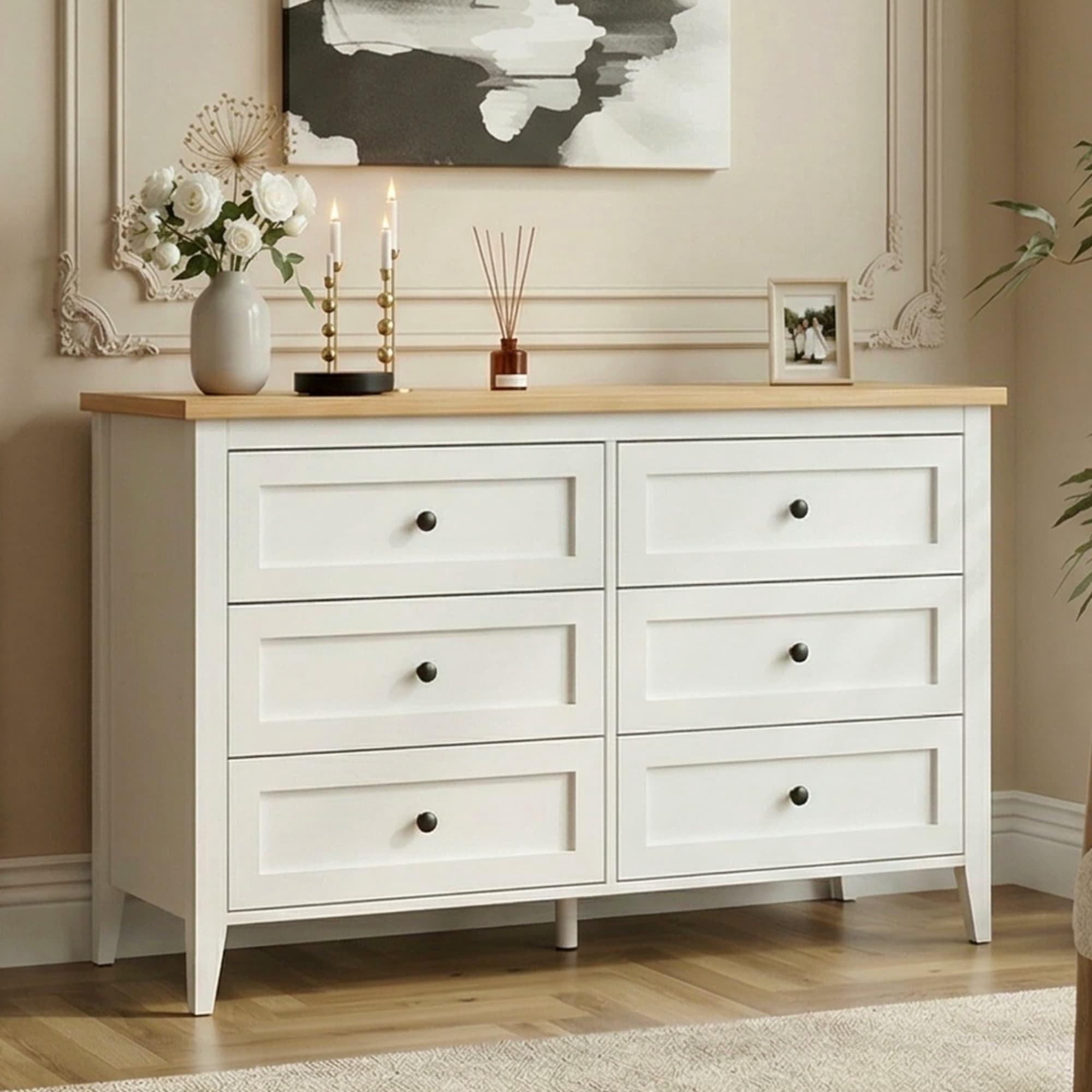 RichYa 6 Drawer Dresser for Bedroom,Chest of Drawers with Metal Knobs,Dresser for Closet,Kids,Wood