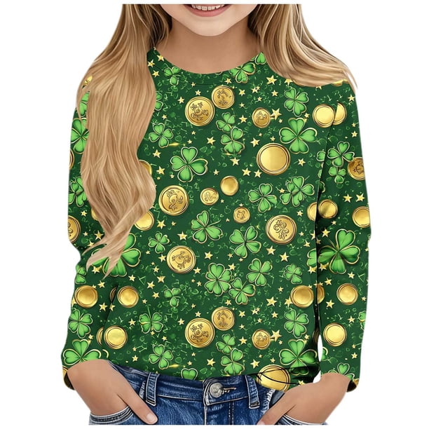 Blusas y camisas de manga larga con cuello redondo y estampado de San Patricio para niños, blusa informal de manga larga con cuello redondo, blusa de poliéster para niñas