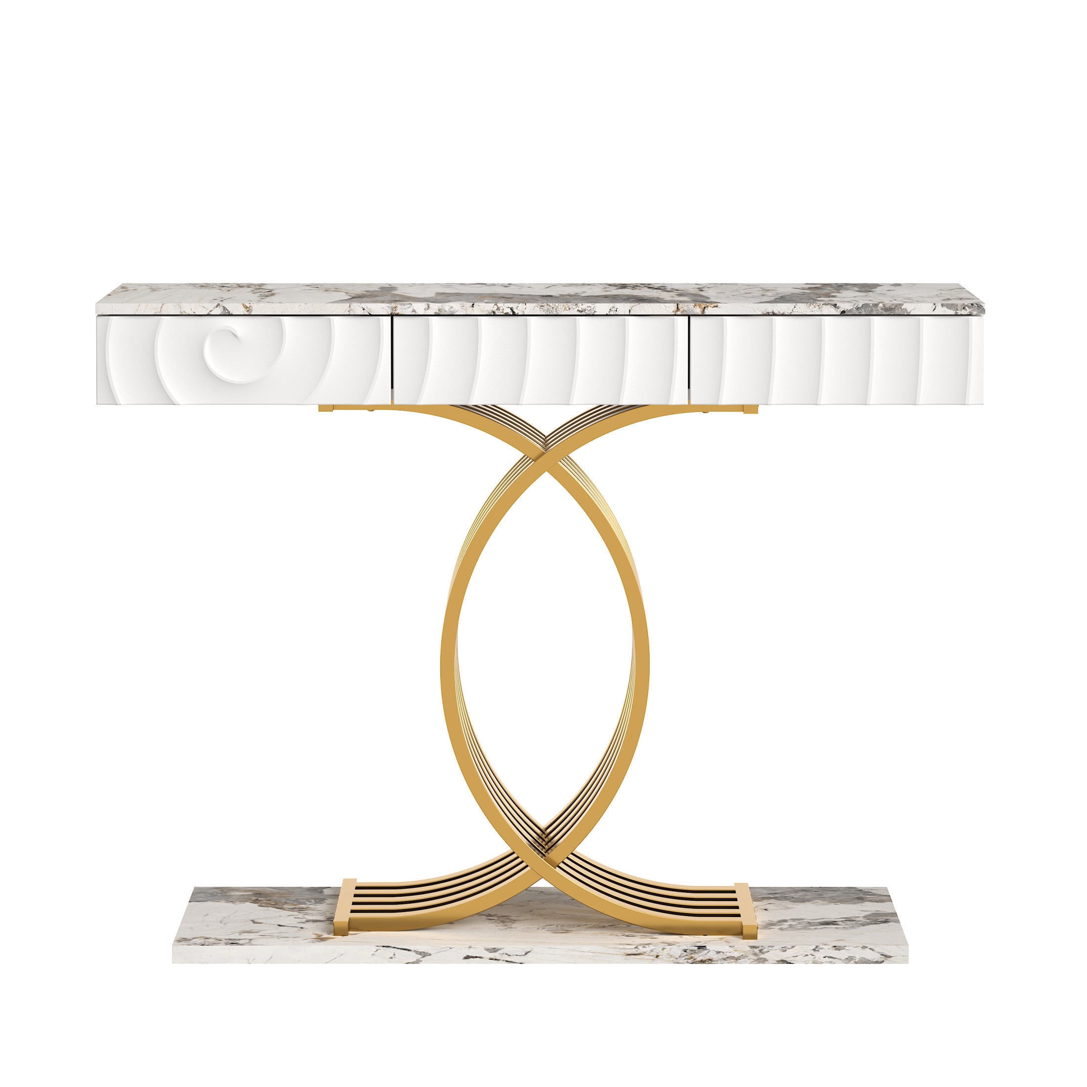 Noble House Arvion 47.3" Narrow Entryway Console Table with Storage Drawers & Geometric Metal Legs, White & Gold