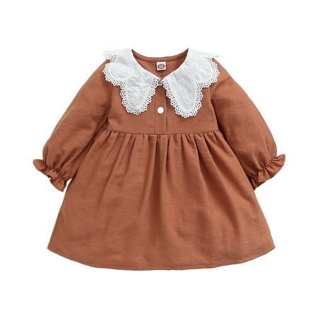 

Kucnuzki 18 Months Infant Girl Winter Dress Causal Dress 24 Months Toddler Girl Long Sleeve Doll Lace Lapel Elegant Dress Brown