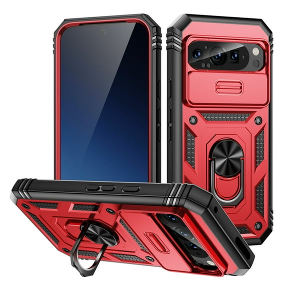 Design pour Google Pixel 9 / 9 Pro Étui de Téléphone avec Objectif d'Appareil Photo, Couvercle Coulissant, Support Anneau, Béquille - Antichoc Robuste, Pare-Chocs de Qualité Militaire, Étui de Protection pour Femmes Hommes, Rouge + Noir