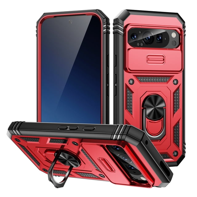Design for Google Pixel 9 / 9 Pro Phone Case with Camera Lens Sliding Cover Ring Holder Kickstand - Shockproof Heavy Duty Rugged Military Grade Bumper Protective Case for Women Men, Red + Black