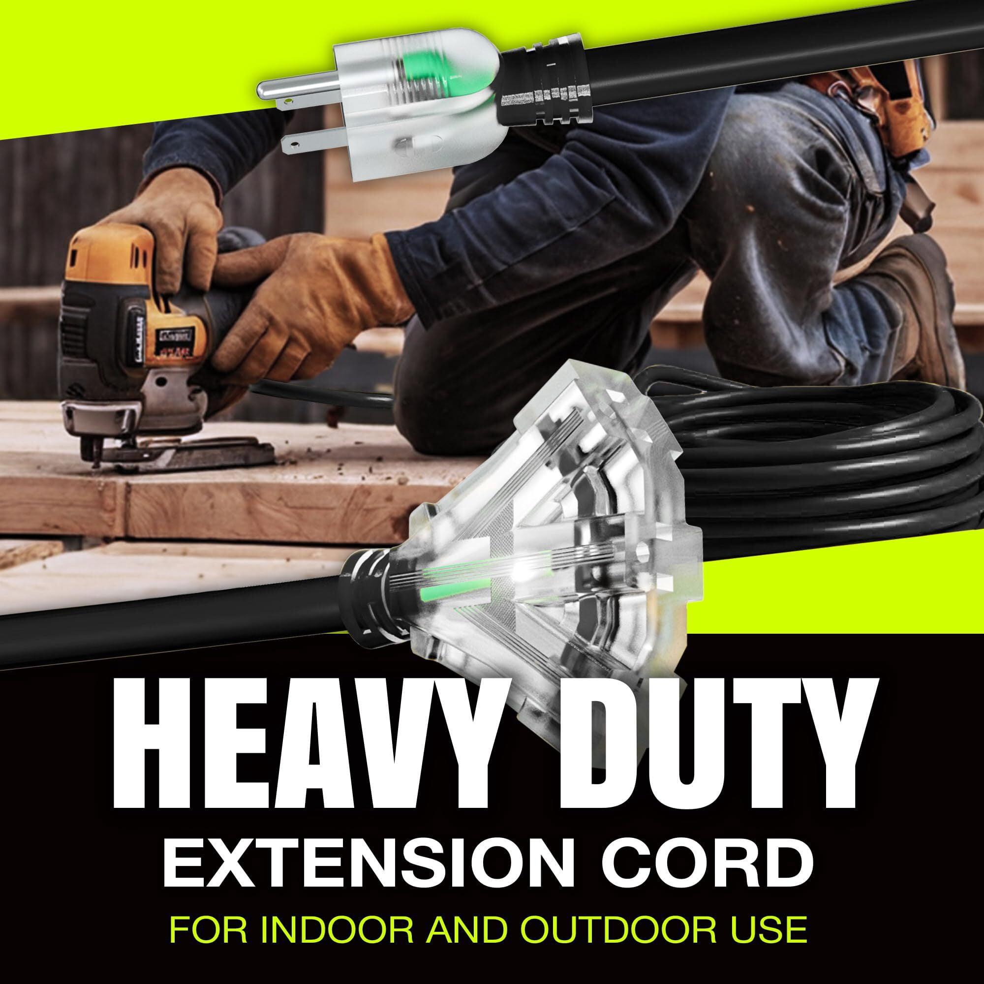 LifeSupplyUSA 100FT Black Extension Cord 12/3 Gauge, Heavy Duty 3 Prong Power Cord, 3-Outlet, Waterproof, Flexible, SJTW, 15A 125V 1875W - For Indoor/Outdoor