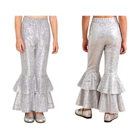 iiniim Girls Sequined Flared Long Dance Pants Elastic Waistband Wide Leg Jazz Pants Disco Hippie Party Silver 12