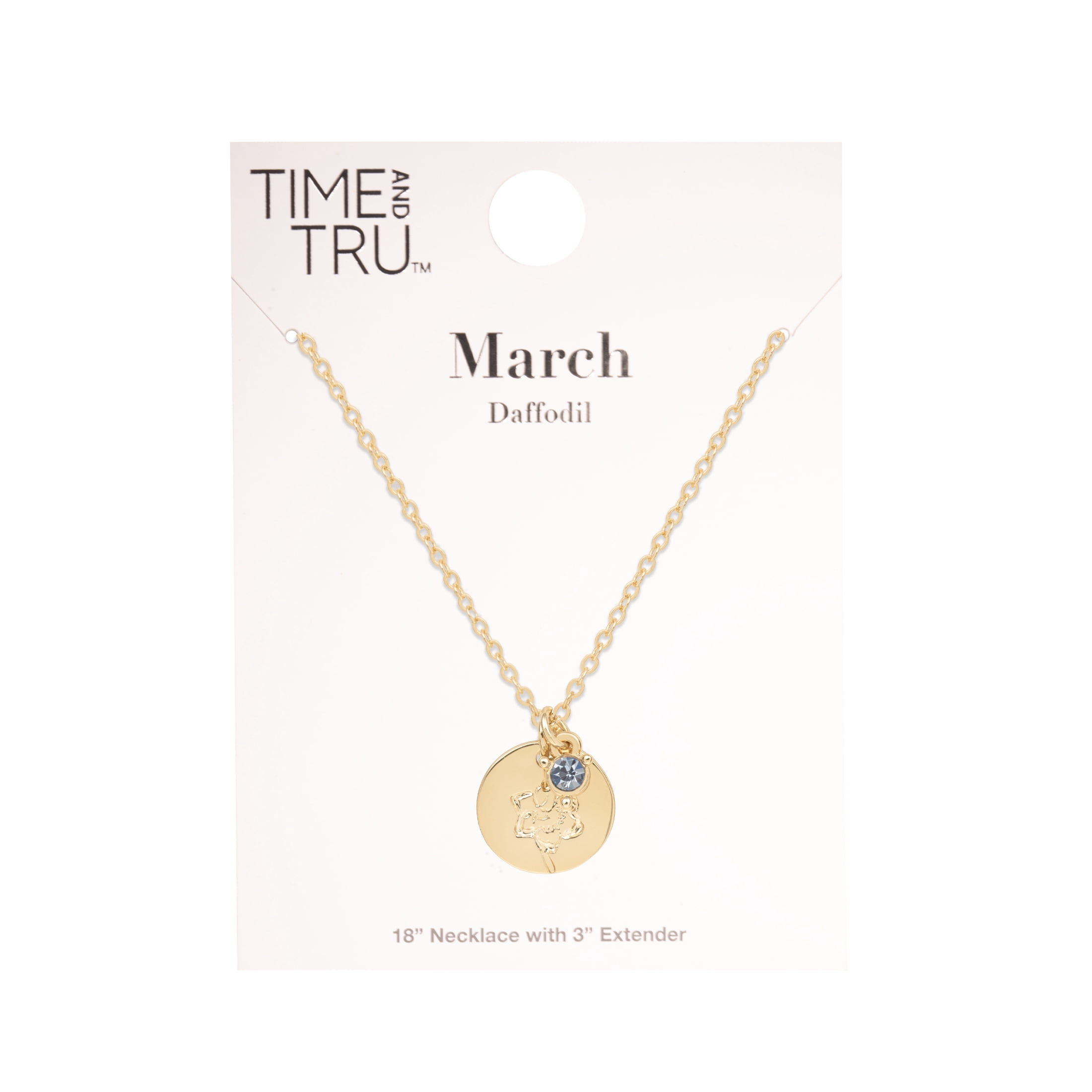 Time and Tru Women’s March Birthstone Necklace, Gold Tone Chain with Light Azure Stone & Daffodil Flower