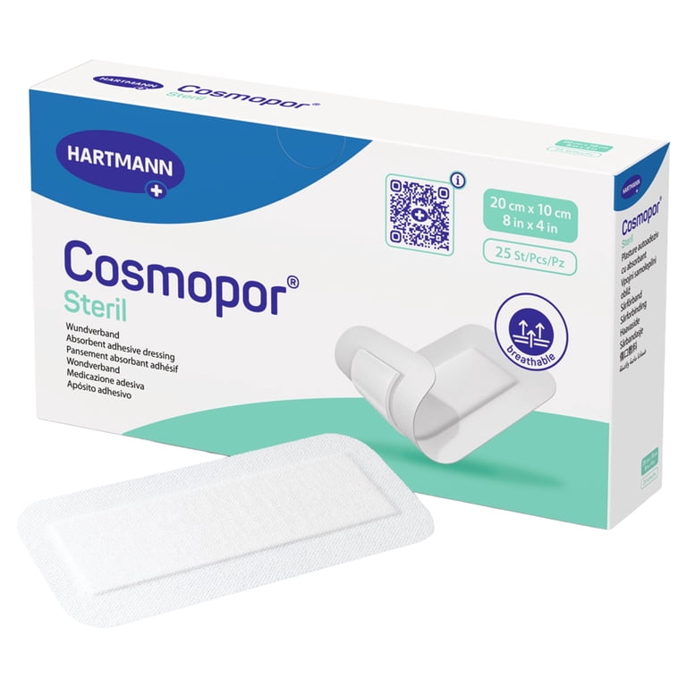 Cosmopor Adhesive Dressing, Sterile Wound Bandage, 4 in x 8 in, 25 Count, 1 Pack Cosmopor Adhesive Dressing, Sterile Wound Bandage, 4 in x 8 in, 25 Count, 1 Pack